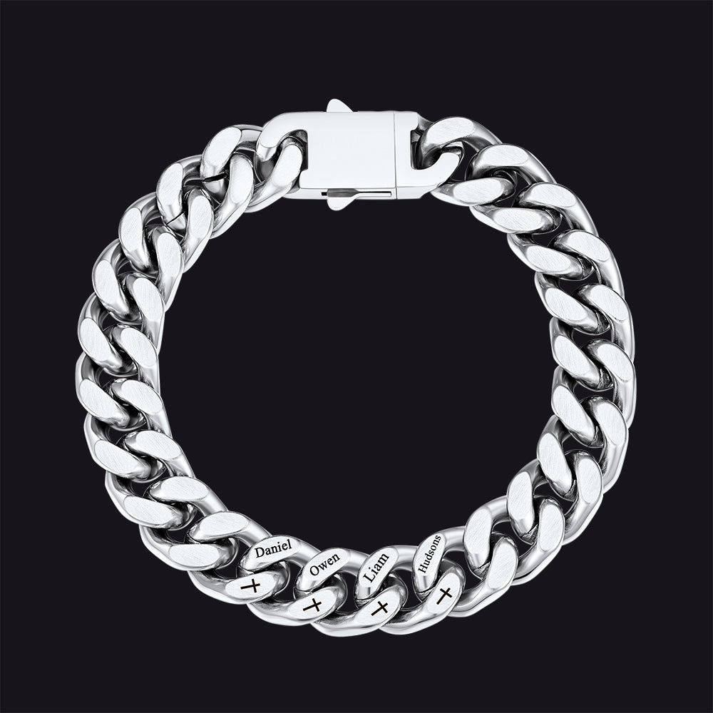 Personalized Multi Names Cuban Chain Bracelet With Cross Gift for Him , 12mm Width