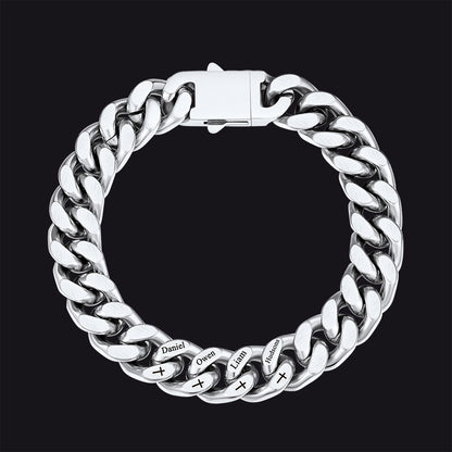 Personalized Multi Names Cuban Chain Bracelet With Cross Gift for Him , 12mm Width