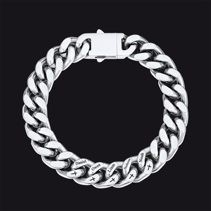 Personalized Multi Names Cuban Chain Bracelet With Cross Gift for Him , 12mm Width