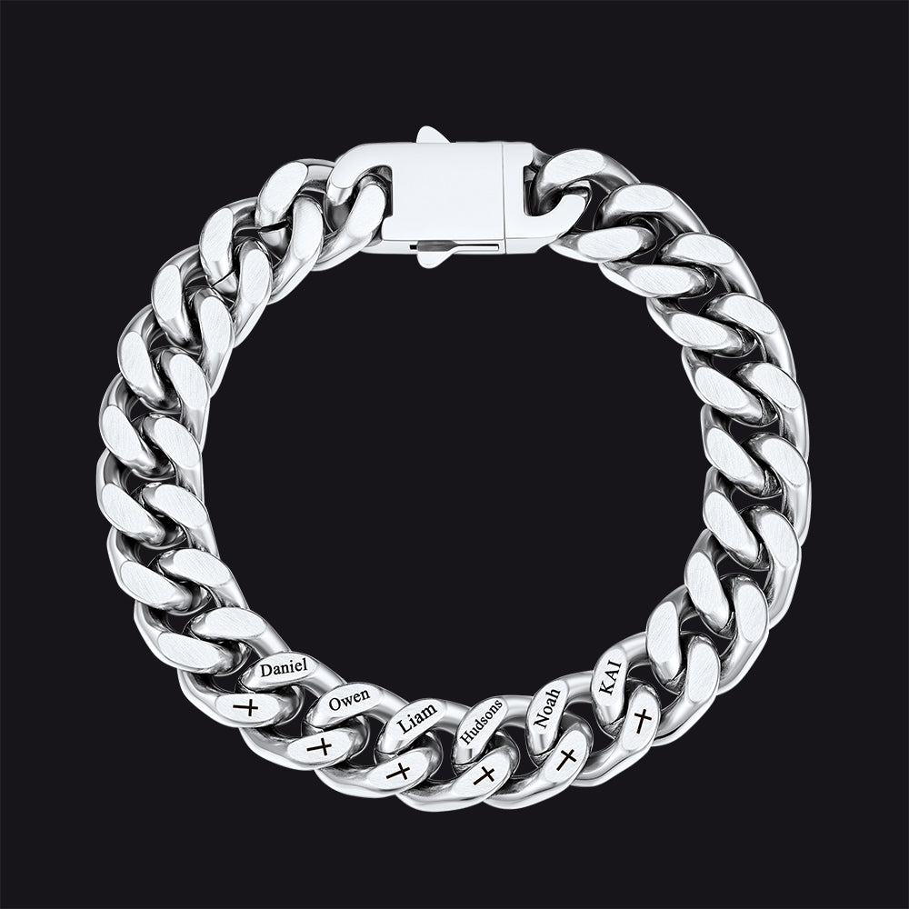 Personalized Multi Names Cuban Chain Bracelet With Cross Gift for Him , 12mm Width