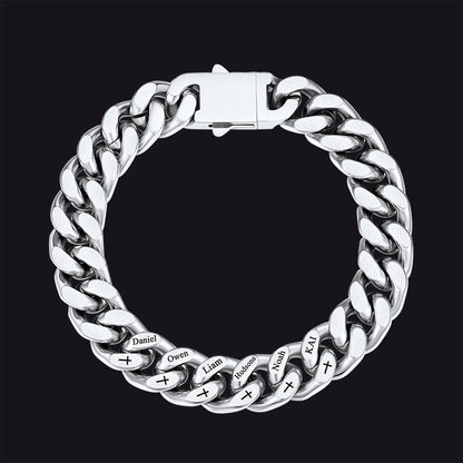 Personalized Multi Names Cuban Chain Bracelet With Cross Gift for Him , 12mm Width