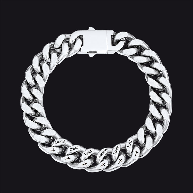 Personalized Multi Names Cuban Chain Bracelet With Cross Gift for Him , 12mm Width