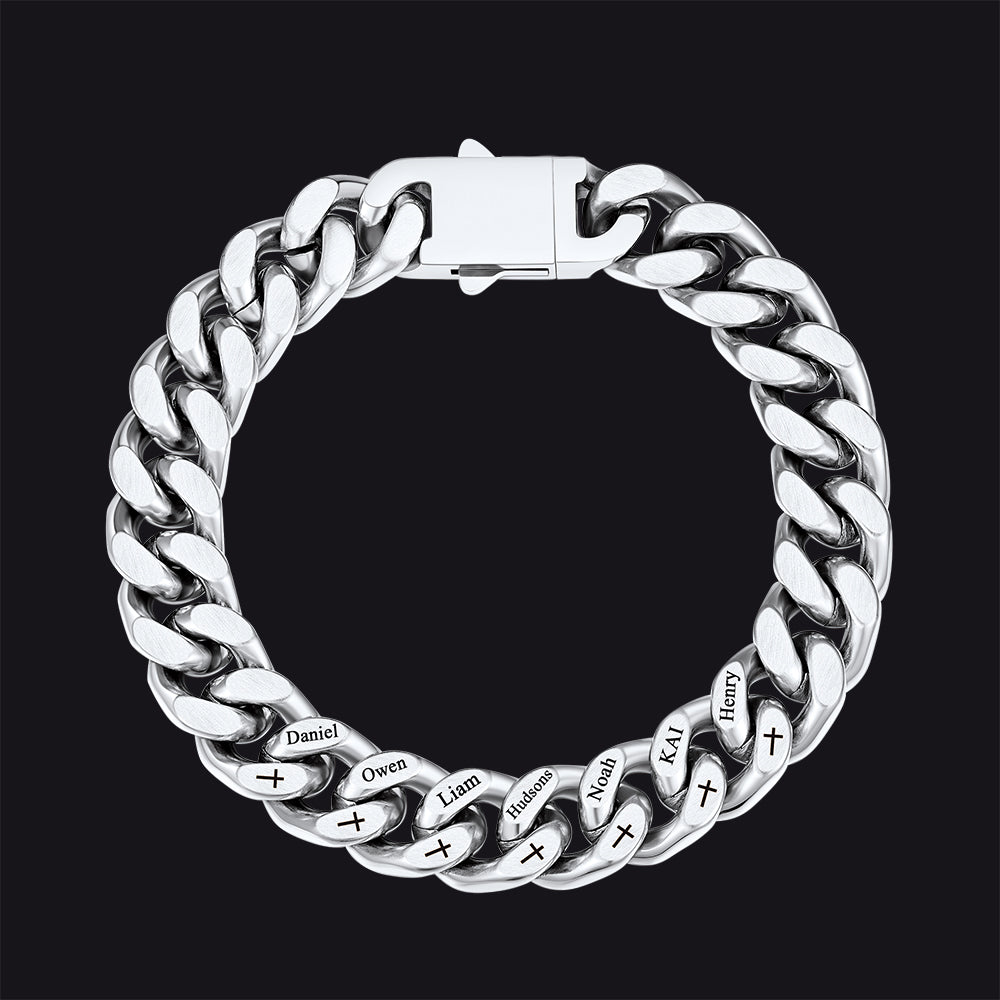 Personalized Multi Names Cuban Chain Bracelet With Cross Gift for Him , 12mm Width