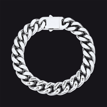 Personalized Multi Names Cuban Chain Bracelet With Cross Gift for Him , 12mm Width