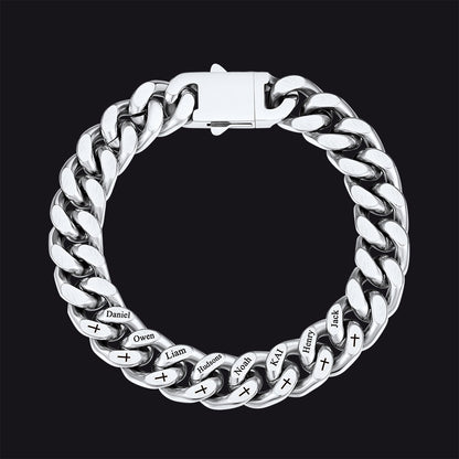 Personalized Multi Names Cuban Chain Bracelet With Cross Gift for Him , 12mm Width