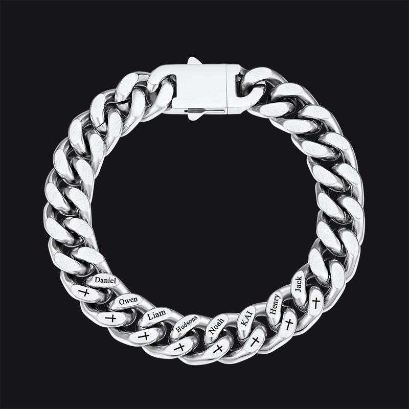 Personalized Multi Names Cuban Chain Bracelet With Cross Gift for Him , 12mm Width