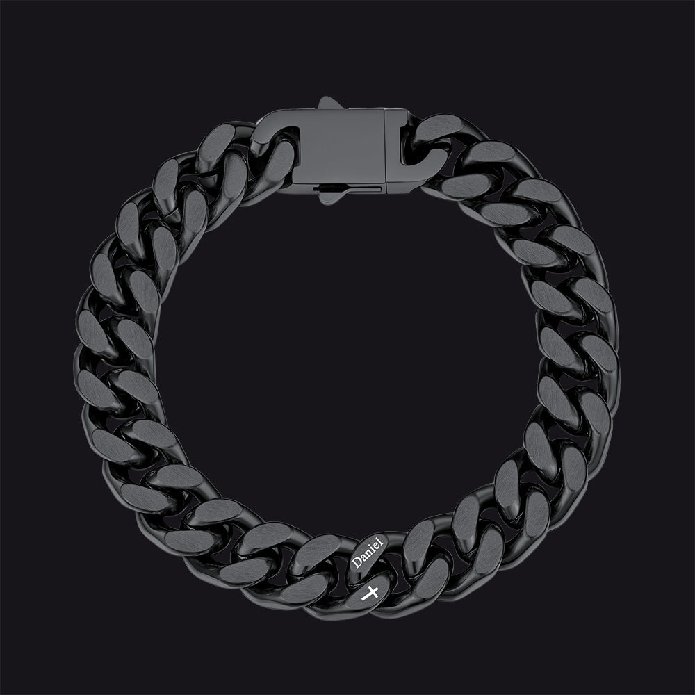 Personalized Multi Names Cuban Chain Bracelet With Cross Gift for Him , 12mm Width