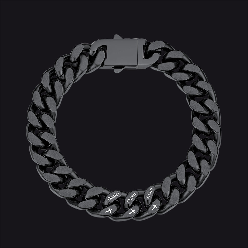Personalized Multi Names Cuban Chain Bracelet With Cross Gift for Him , 12mm Width