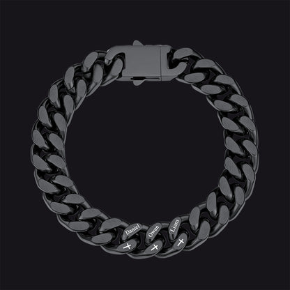 Personalized Multi Names Cuban Chain Bracelet With Cross Gift for Him , 12mm Width