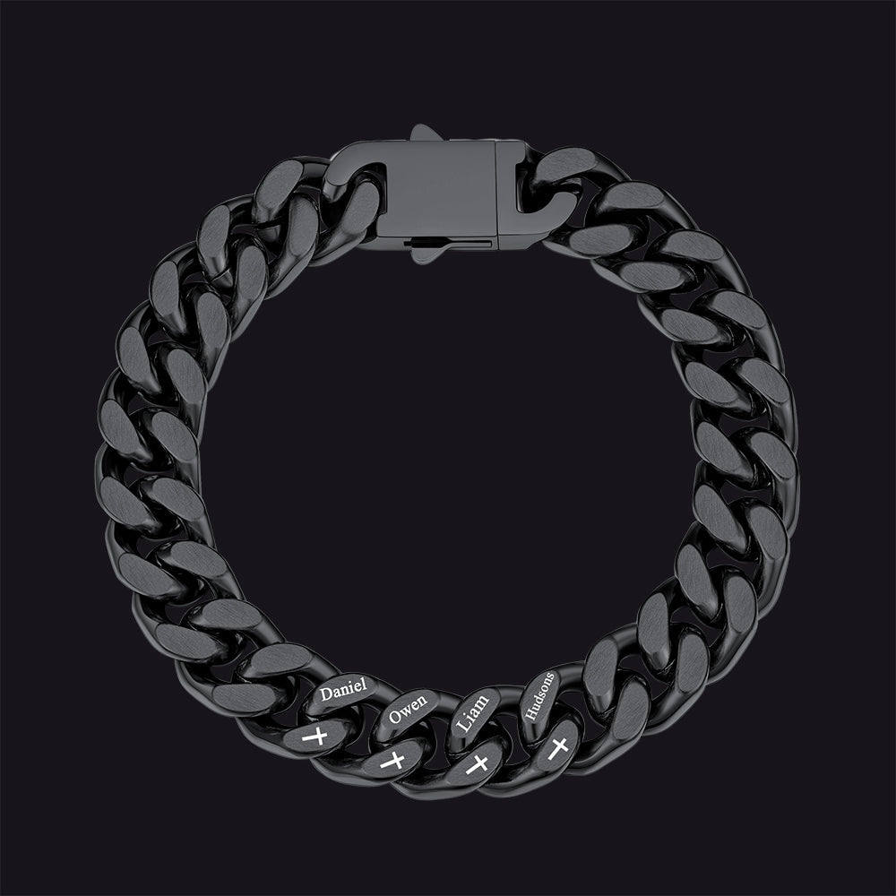 Personalized Multi Names Cuban Chain Bracelet With Cross Gift for Him , 12mm Width