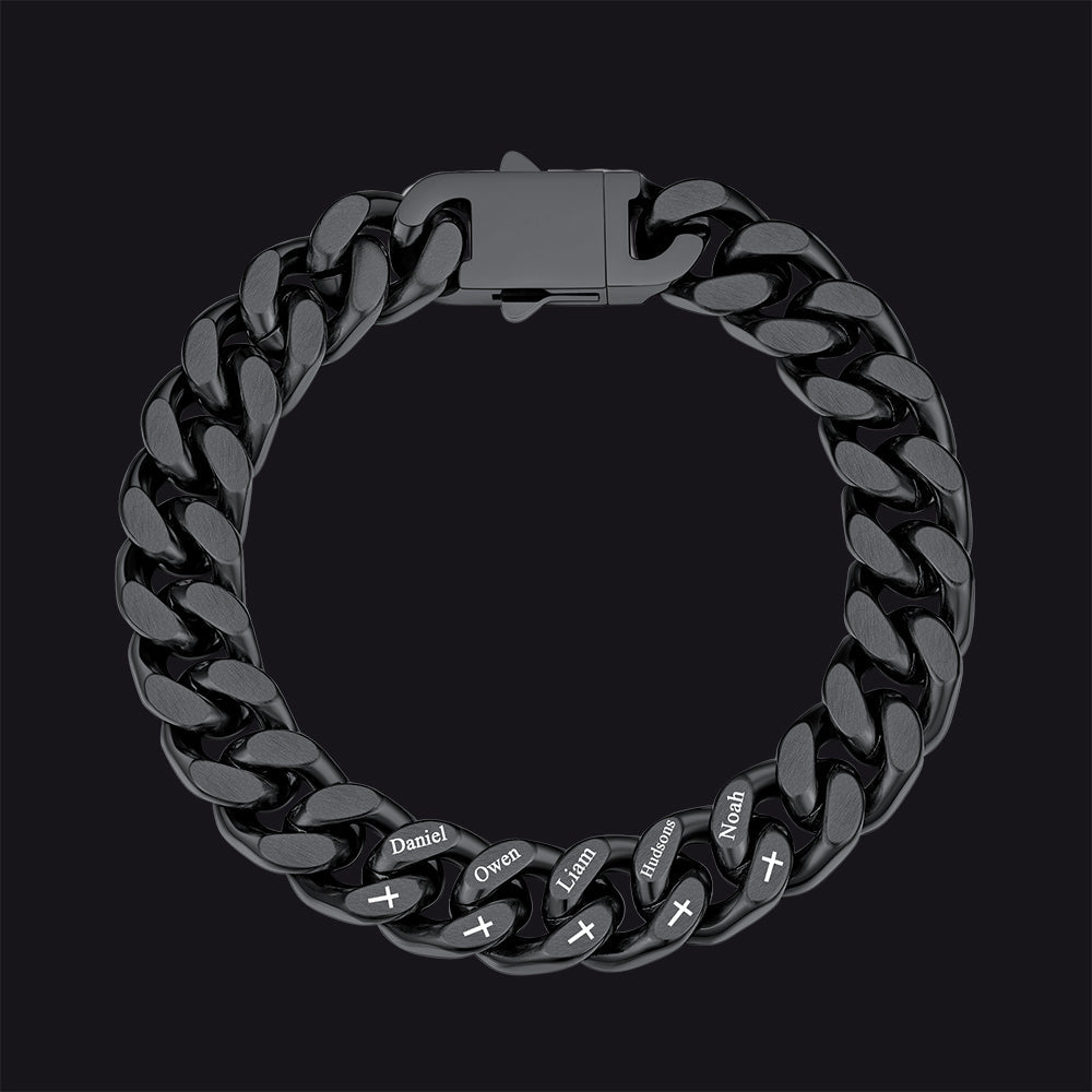Personalized Multi Names Cuban Chain Bracelet With Cross Gift for Him , 12mm Width