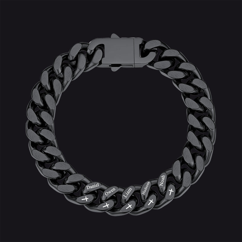 Personalized Multi Names Cuban Chain Bracelet With Cross Gift for Him , 12mm Width