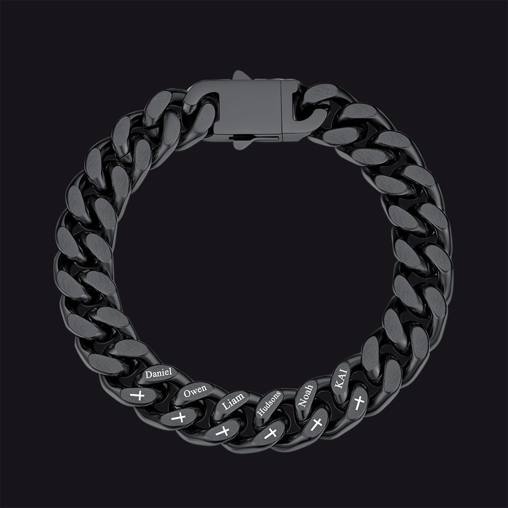 Personalized Multi Names Cuban Chain Bracelet With Cross Gift for Him , 12mm Width