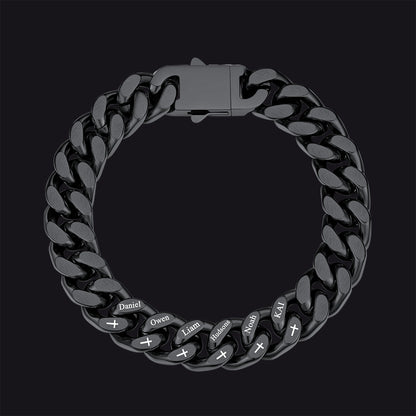 Personalized Multi Names Cuban Chain Bracelet With Cross Gift for Him , 12mm Width