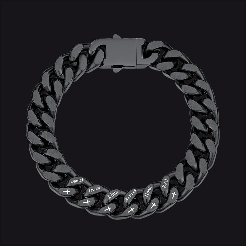 Personalized Multi Names Cuban Chain Bracelet With Cross Gift for Him , 12mm Width