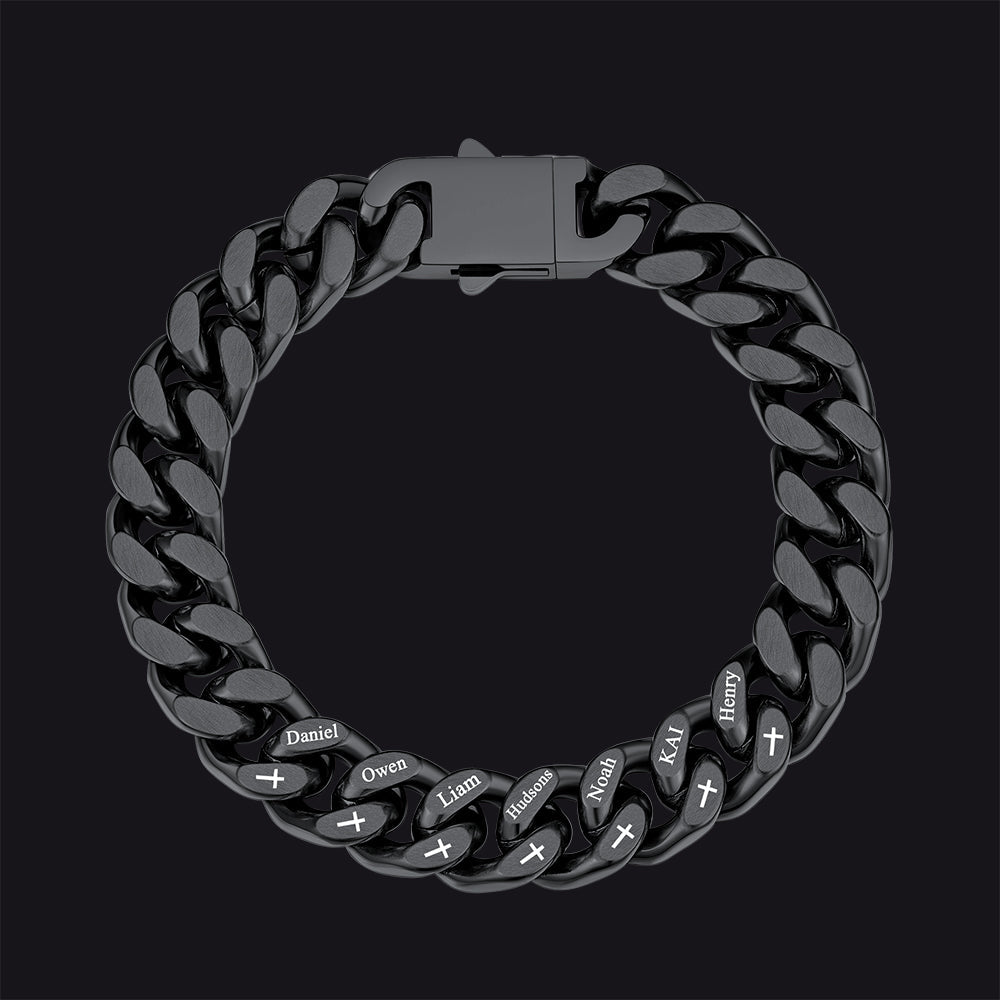 Personalized Multi Names Cuban Chain Bracelet With Cross Gift for Him , 12mm Width
