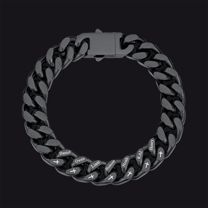 Personalized Multi Names Cuban Chain Bracelet With Cross Gift for Him , 12mm Width