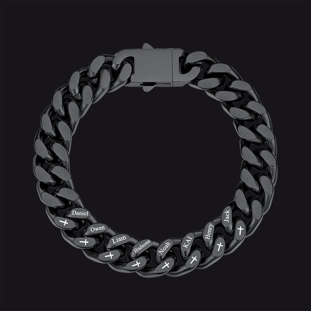 Personalized Multi Names Cuban Chain Bracelet With Cross Gift for Him , 12mm Width