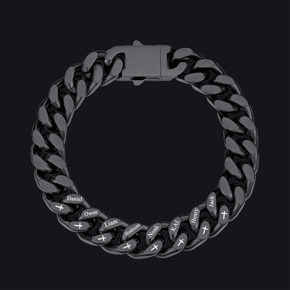 Personalized Multi Names Cuban Chain Bracelet With Cross Gift for Him , 12mm Width