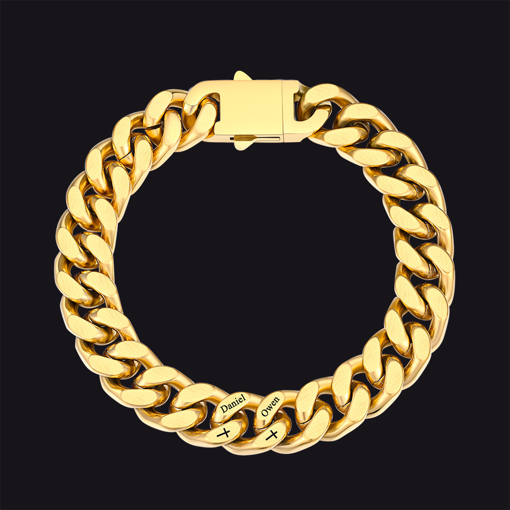 Personalized Multi Names Cuban Chain Bracelet With Cross Gift for Him , 12mm Width