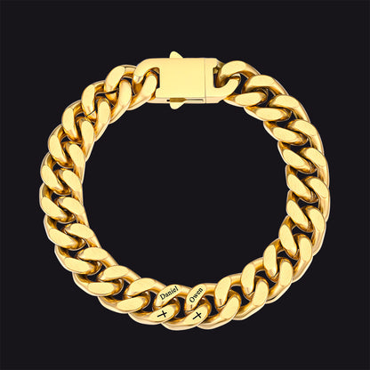 Personalized Multi Names Cuban Chain Bracelet With Cross Gift for Him , 12mm Width