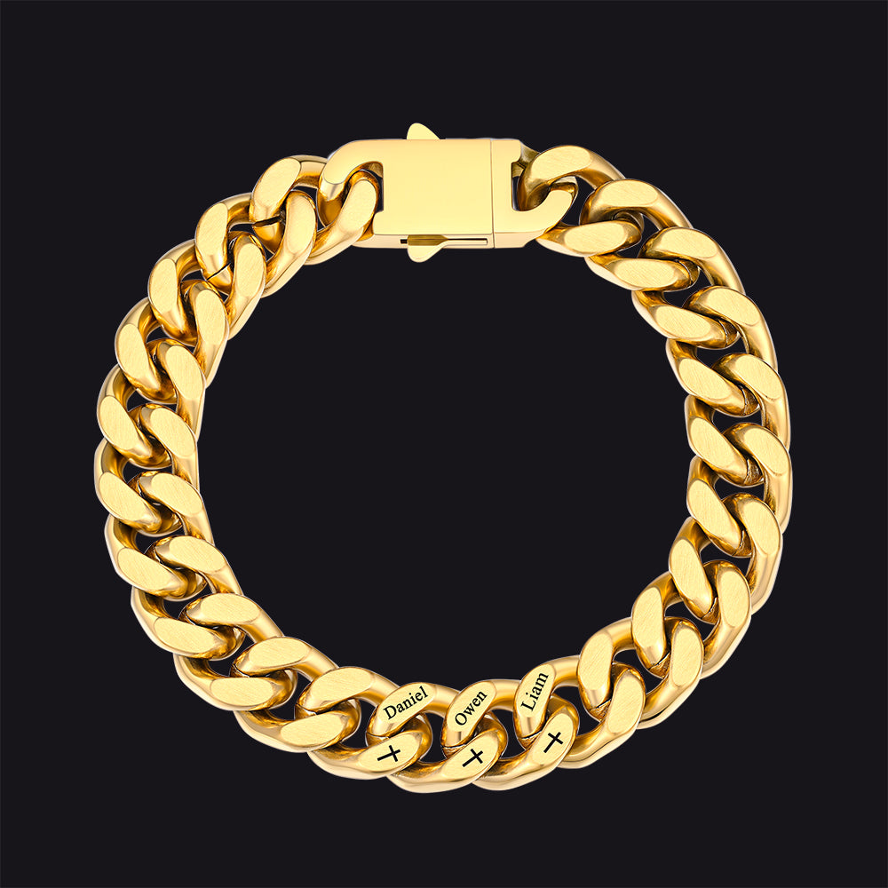 Personalized Multi Names Cuban Chain Bracelet With Cross Gift for Him , 12mm Width