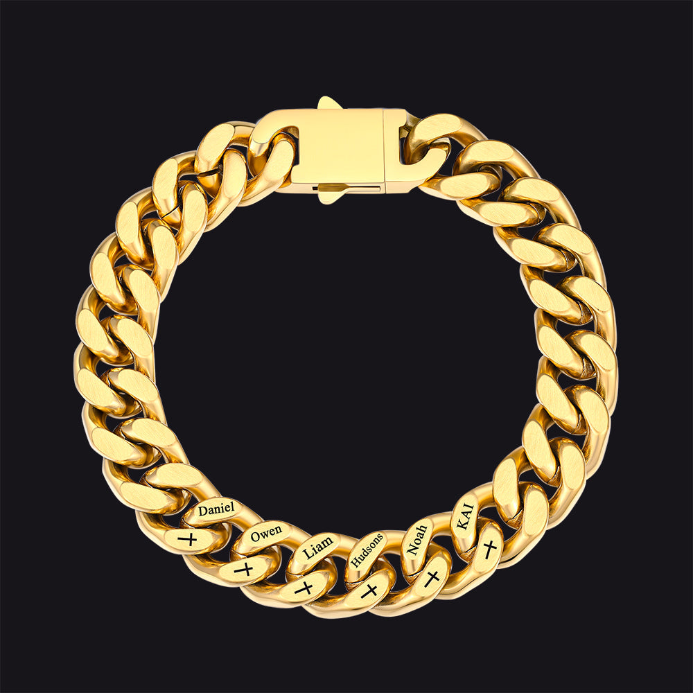 Personalized Multi Names Cuban Chain Bracelet With Cross Gift for Him , 12mm Width