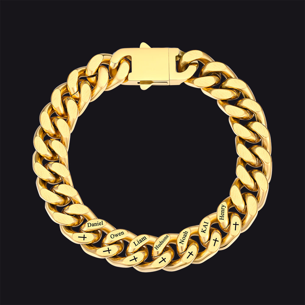 Personalized Multi Names Cuban Chain Bracelet With Cross Gift for Him , 12mm Width
