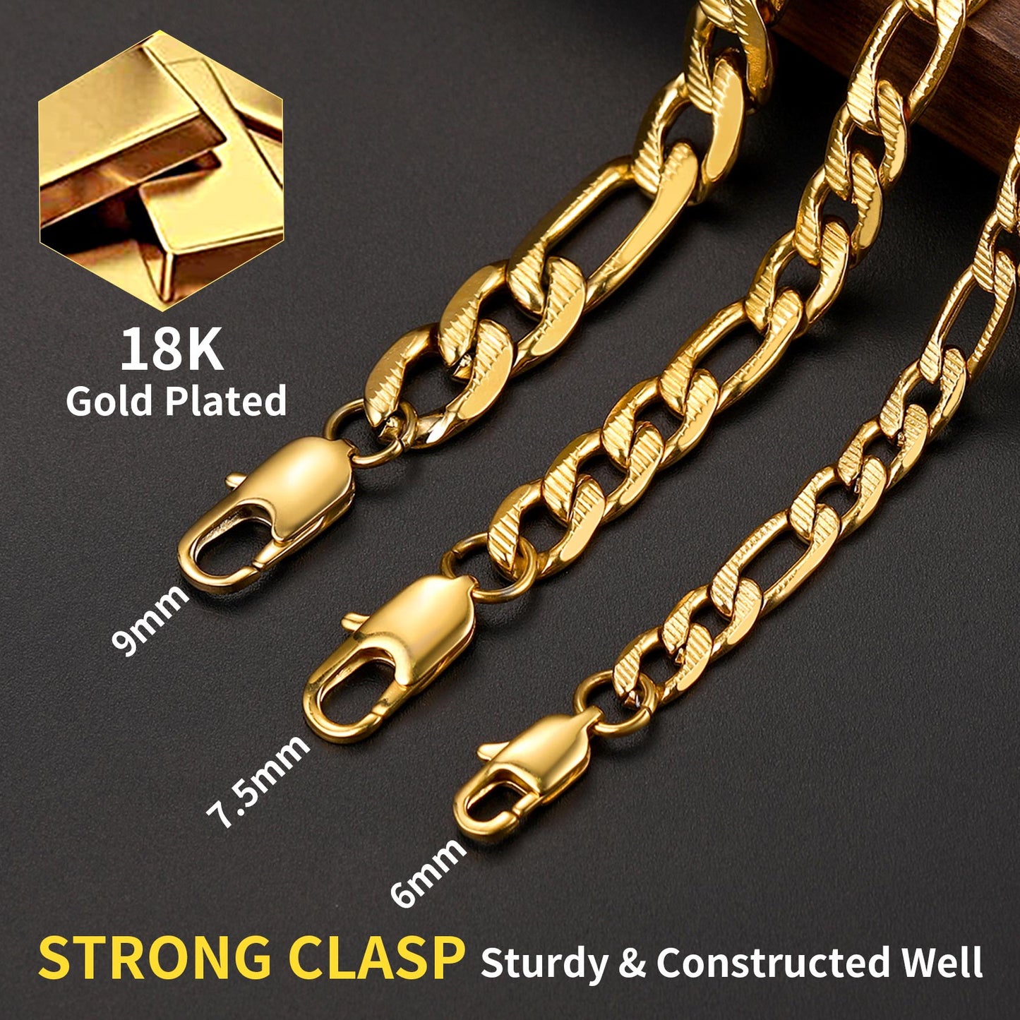Figaro Curb Chain Link Necklace, 6/7.5/10 Mm Width