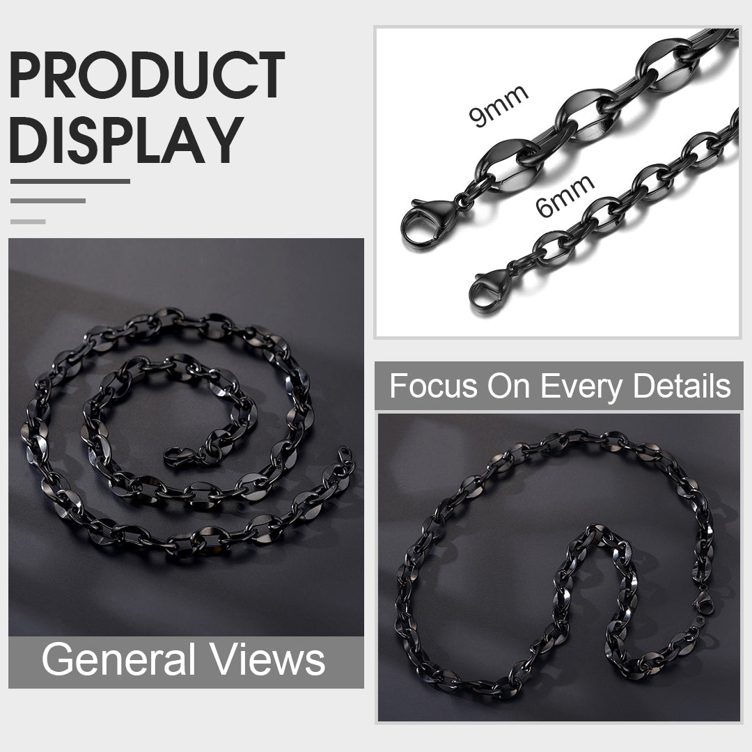 6mm/9mm Width Twisted Rolo Link Chain Necklace for