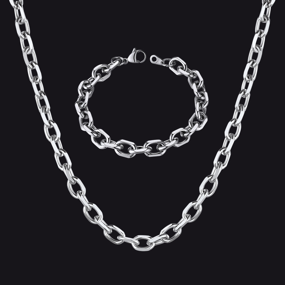 9mm Rolo Link Chain Necklace & Bracelet Set for