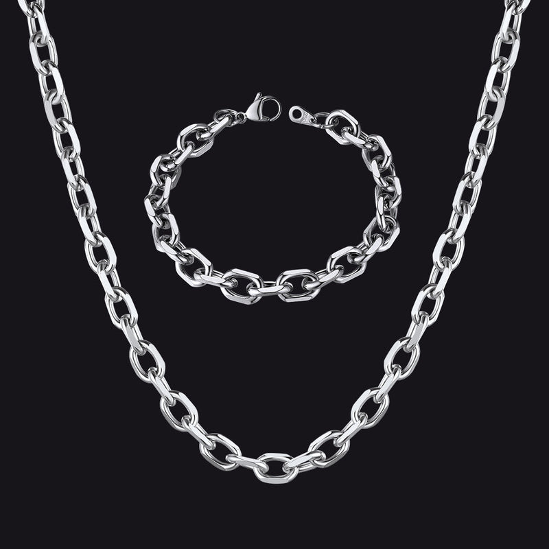 9mm Rolo Link Chain Necklace & Bracelet Set for