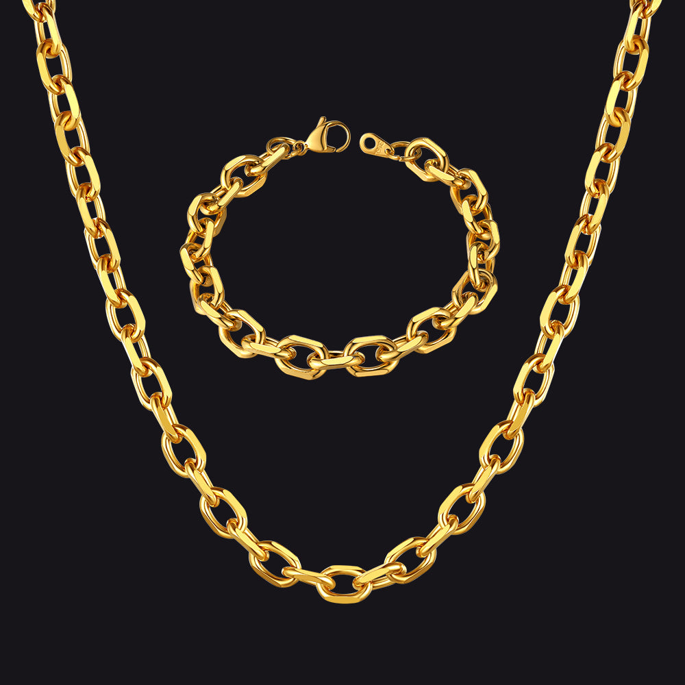 9mm Rolo Link Chain Necklace & Bracelet Set for