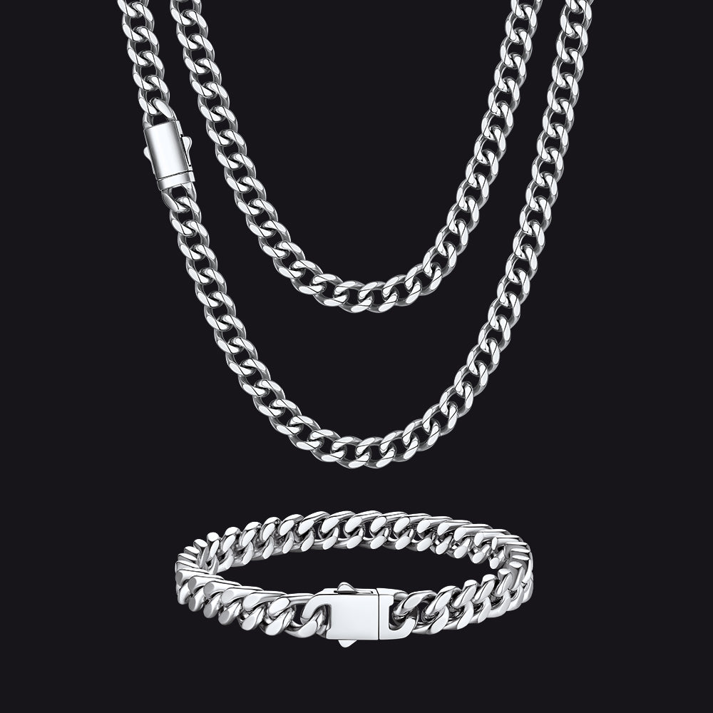 Engraved Cuban Chain & Bracelet Jewelry Set for , 7/9/12mm