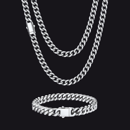 Engraved Cuban Chain & Bracelet Jewelry Set for , 7/9/12mm