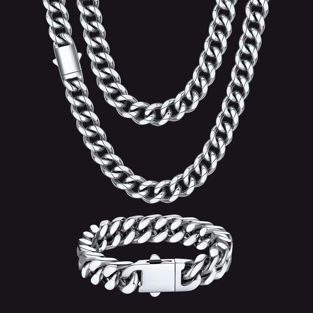 Engraved Cuban Chain & Bracelet Jewelry Set for , 7/9/12mm