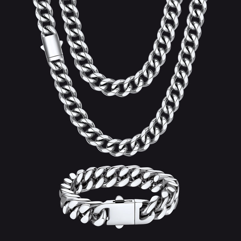 Engraved Cuban Chain & Bracelet Jewelry Set for , 7/9/12mm