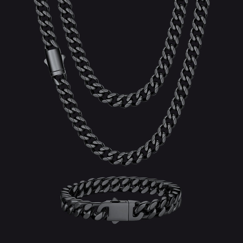 Engraved Cuban Chain & Bracelet Jewelry Set for , 7/9/12mm