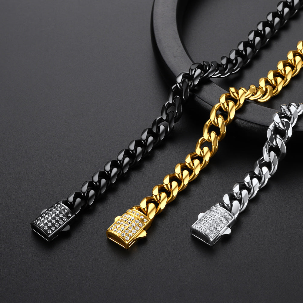 Cz Clasp Cuban Chain Necklace for , Hip Hop Jewelry 6/9/12mm Width