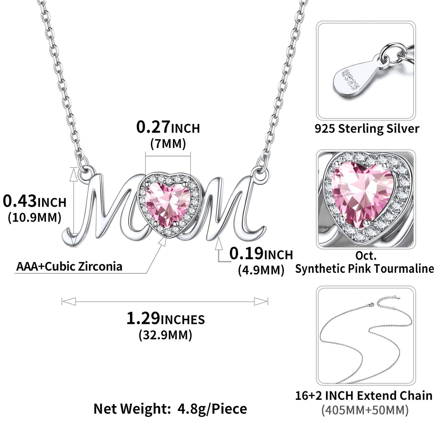 Sterling Silver Heart Birthstone Mom Necklace for