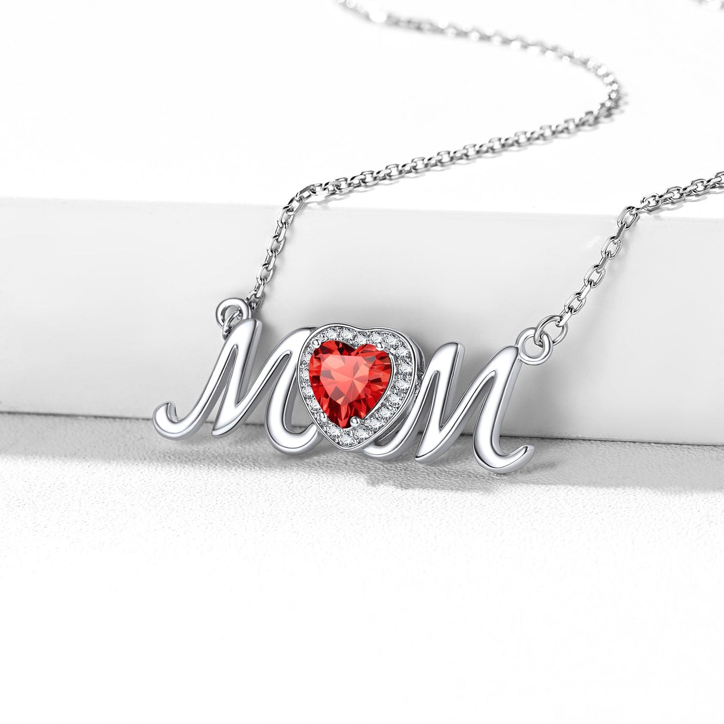 Sterling Silver Heart Birthstone Mom Necklace for
