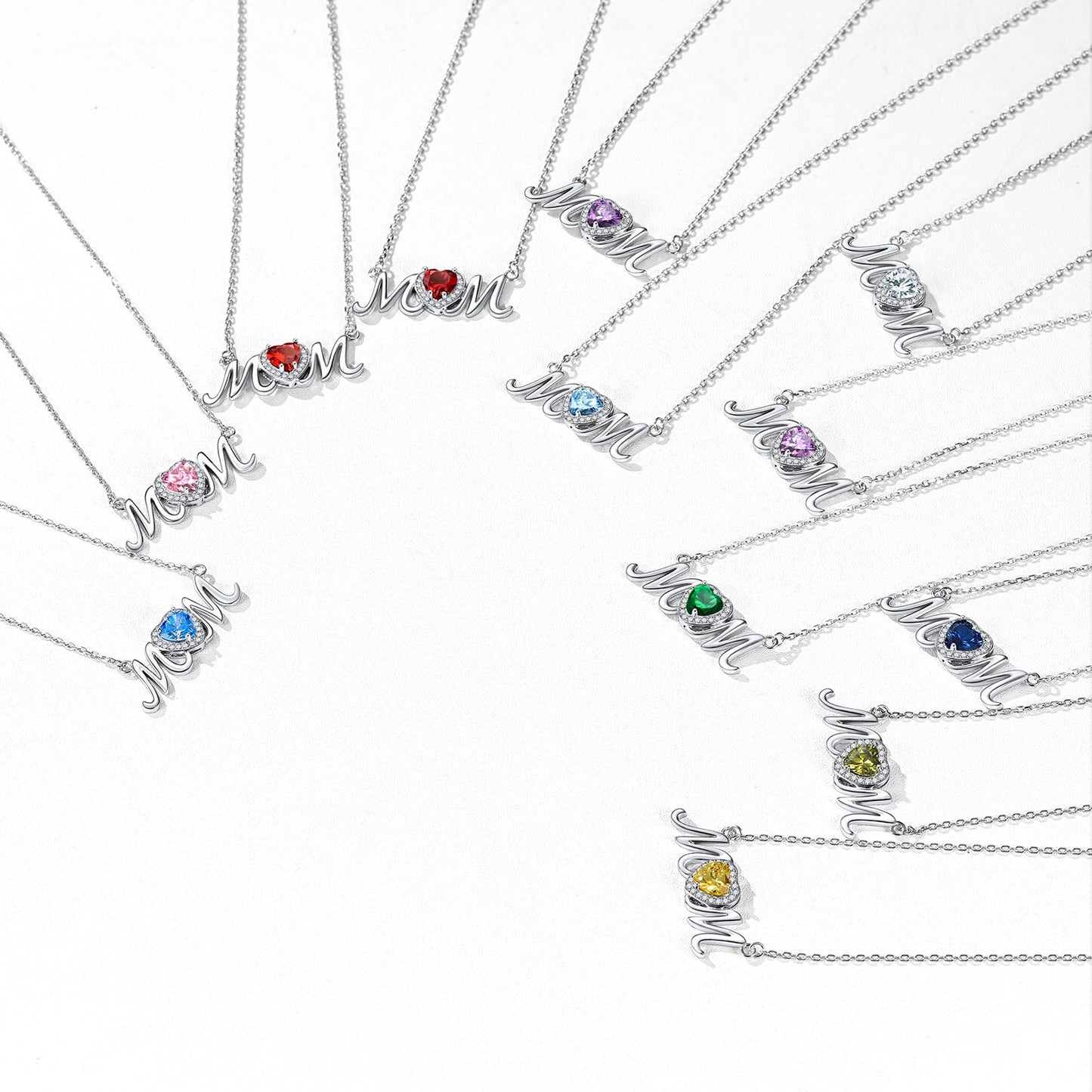 Sterling Silver Heart Birthstone Mom Necklace for