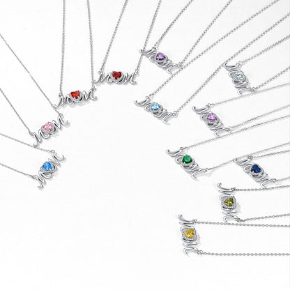 Sterling Silver Heart Birthstone Mom Necklace for