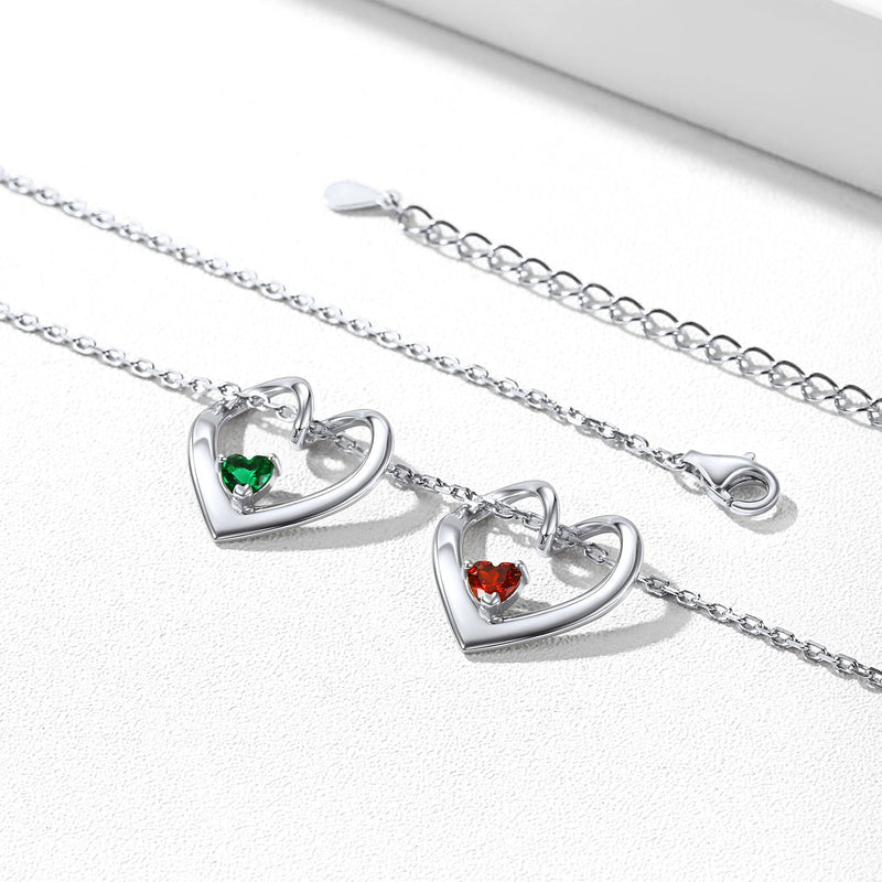 Sterling Silver Personalized 1-5 Hearts Birthstones Necklace for Family