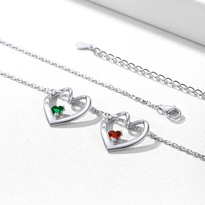 Sterling Silver Personalized 1-5 Hearts Birthstones Necklace for Family