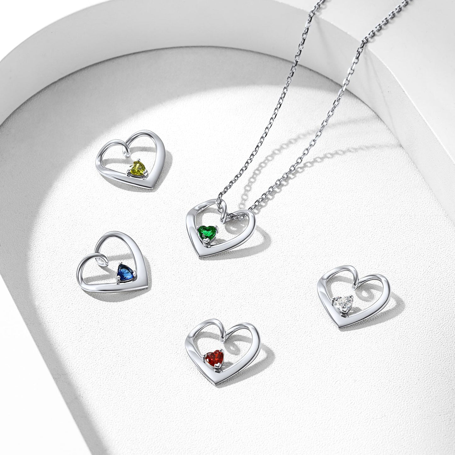 Sterling Silver Personalized 1-5 Hearts Birthstones Necklace for Family