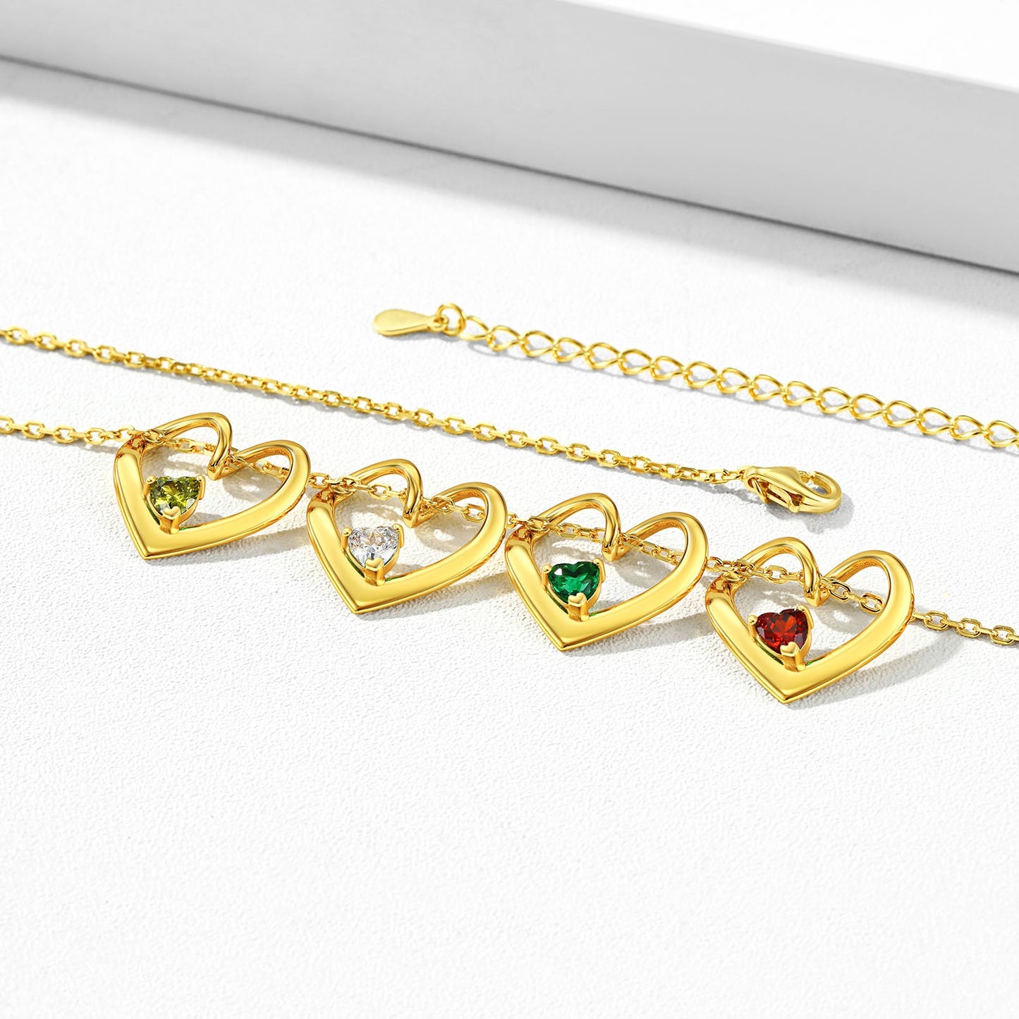 Sterling Silver Personalized 1-5 Hearts Birthstones Necklace for Family