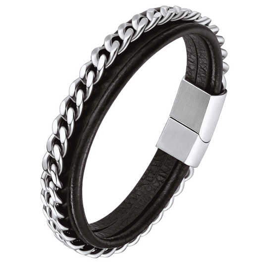 Customized Black Braided Leather Bracelet Cuff With Chain for Son