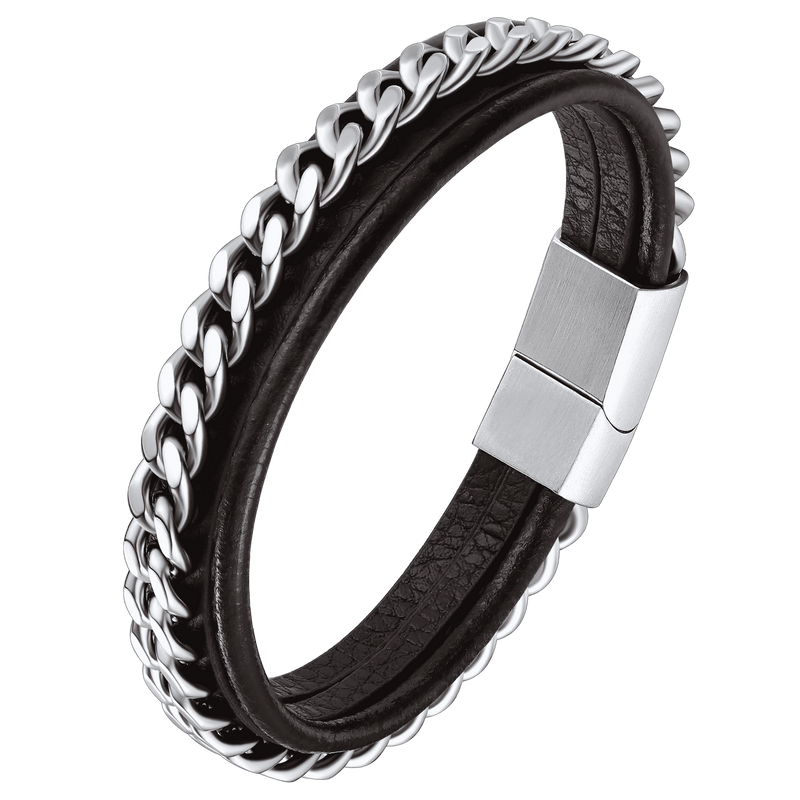 Customized Black Braided Leather Bracelet Cuff With Chain for Son