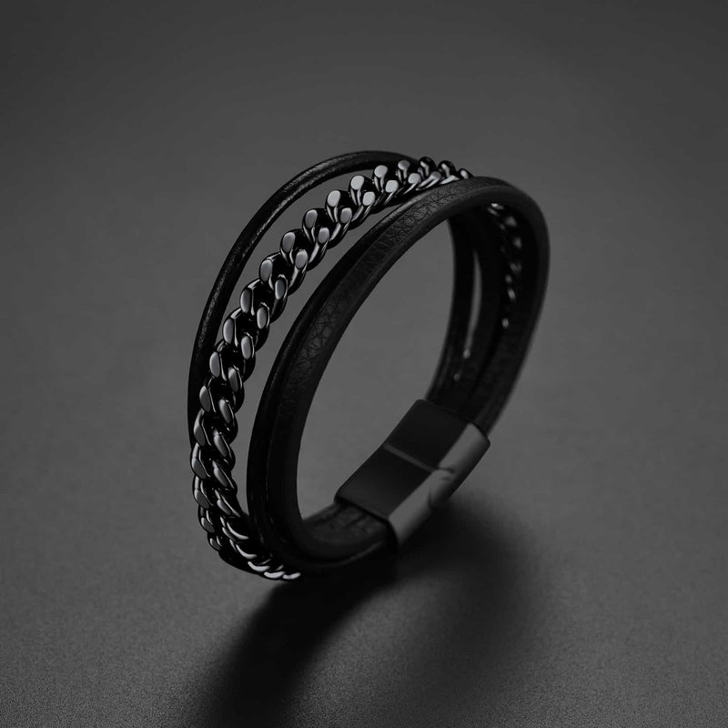 Customized Black Braided Leather Bracelet Cuff With Chain for Son